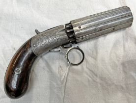 J R COOPER PATENT UNDER HAMMER 6 SHOT PERCUSSION PEPPERBOX REVOLVER, 7.