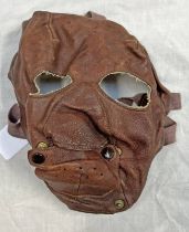 WW2 LEATHER FLYING MASK WITH BUTTONED FLAP OVER MOUTH AND STITCHED BORDER