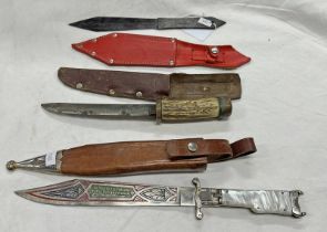 TOLEDO FOLDING KNIFE WITH 20CM LONG DECORATED BLADE WITH LEATHER & METAL SCABBARD,
