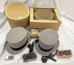 LOCK & CO GREY TOP HAT, WOODROW PICCADILLY GREY TOP HAT AND A SELECTION OF BOW TIES ETC.