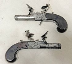 PAIR OF SCOTTISH 54 BORE FLINTLOCK POCKET PISTOLS SIGNED THOMSON WITH 4CM LONG TURN OFF BARRELS,