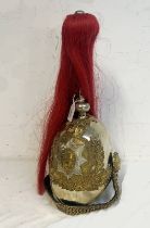 BRITISH HOUSEHOLD ROYAL CAVALRY TROOPERS HELMET WITH LEATHER LINER TO INTERIOR & REMAINS OF LABEL,