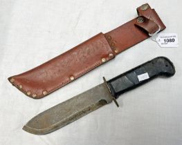 BRITISH ARMY SURVIVAL KNIFE WITH 18CM LONG BLADE MARKED '127-214 JR 1987' WITH ITS SCABBARD