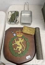 BRITISH MILITARY CANTEEN WITH UTENSIL SET, CREST ON PLAQUE, MAP TUBE MARKED JAS ADAMS ....