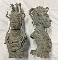 BENIN BRONZE BUSTS, KING (OBA) AND QUEEN,