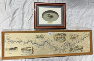 FISHERMANS MAP OF SALMON POOLS ON PART OF RIVER SPEY BY I SCOTT AND A FRAMED "THE DUNT" SALMON FLy
