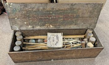 JACQUES CROQUET WOODEN CASE WITH CONTENTS OF VARIOUS BALLS,