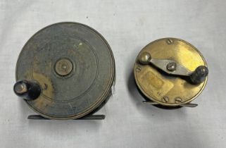 3" BRASS SIDE CRANK REEL, & A 4" BRASS REEL,