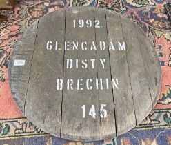 WHISKY BARREL LID MARKED GLENCADAM DISTY BRECHIN 1992