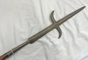 18TH CENTURY EUROPEAN SERGEANTS POLE ARM, METAL STAMPED WITH MAKERS MARK, HEAD IS 59 CM LONG,