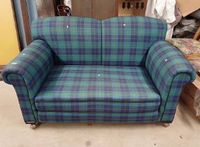 20TH CENTURY OVERSTUFFED TARTAN SETTEE WITH SHAPED BACK & DROP ARM Condition Report: