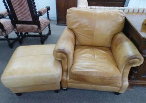 TAN LEATHER ARMCHAIR & LEATHER FOOTSTOOL