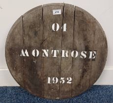 OAK WHISKY BARREL LID MARKED MONTROSE.