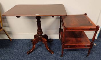 FLIP TOP PEDESTAL TABLE ON 4 SPREADING SUPPORTS & INLAID MAHOGANY LAMP TABLE ON TURNED SUPPORTS