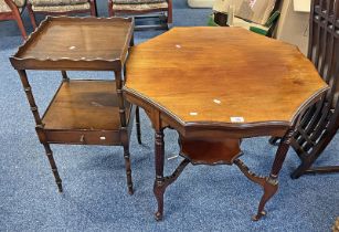 MAHOGANY TABLE WITH SHAPED TOP ON SHAPED SUPPORTS & MAHOGANY LAMP TABLE WITH SINGLE DRAWER.