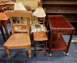 EASTERN HARDWOOD TROLLEY, 2 MAHOGANY CHAIRS ON TURNED SUPPORTS, 2 TABLELAMPS,