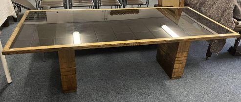 LATE 20TH CENTURY OAK RECTANGULAR DINING TABLE WITH GLASS INSET TOP & BRASS BANDING INLAY,