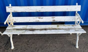 WOODEN GARDEN BENCH WITH PAINTED CAST METAL ENDS,