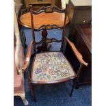 LATE 19TH CENTURY MAHOGANY LADDER BACK ARMCHAIR WITH DECORATIVE BOXWOOD INLAY ON TURNED SUPPORTS,