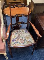 LATE 19TH CENTURY MAHOGANY LADDER BACK ARMCHAIR WITH DECORATIVE BOXWOOD INLAY ON TURNED SUPPORTS,