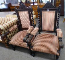 PAIR OF LATE 19TH CENTURY OAK ARMCHAIRS WITH CARVED & BARLEY TWIST DECORATION