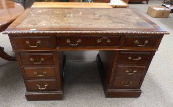 MAHOGANY TWIN PEDESTAL DESK WITH LEATHER INSET TOP, 3 FRIEZE DRAWERS & 2 STACKS OF 3 DRAWERS,