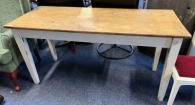 PINE RECTANGULAR KITCHEN TABLE ON PAINTED SUPPORTS.