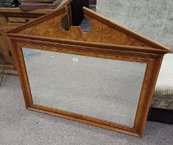 WALNUT FRAMED OVERMANTLE MIRROR LABELLED CHARLES BARR FURNITURE TO BACK.