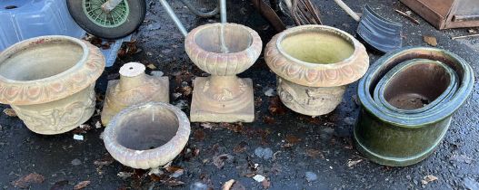 2 OVAL GLAZED GARDEN PLANTERS, 2 RECONSTITUTED STONE PLANTERS ON PLINTHS - AS FOUND ETC.