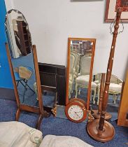 OAK STANDARD LAMP, CHEVAL MIRROR & 5 OTHER MIRRORS, ETC.