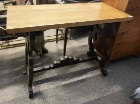 OAK TOPPED RECTANGULAR TABLE WITH PAINTED SHAPED ENDS.