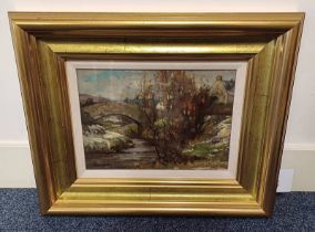 ISABEL MORLEY 1873-1948, OLD BRIDGE CHARTERSHALL, STIRLING, SIGNED, WITH OLD LABEL TO REVERSE,