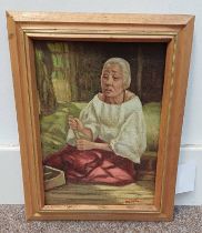 SMALL OIL ON CANVAS OF AN ELDERLY WOMAN , S.E. ASIAN SCHOOL.