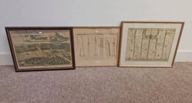 FRAMED 19TH CENTURY ENGRAVINGS INCLUDING ROAD FROM IPSWICH TONORWICH BY JOHN OGILBY,