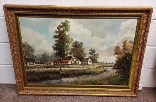 'COTTAGES ALONG THE RIVER', INDISTINCTLY SIGNED,