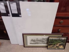 FRAMED CHINESE PANEL, FRAMED RUSSIAN SCHOOL OIL PAINTING & 2 UNUSED HOBBY CRAFT BOX CANVASES,