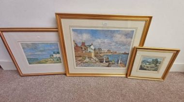 3 FRAMED MCINTOSH PATRICK PRINTS SIGNED IN PENCIL INCLUDING BEACH CRESCENT BROUGHTY FERRY,