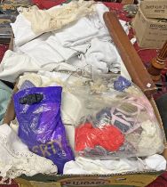 TWO BOXES CONTAINING VARIOUS FABRICS TO INCLUDE WHITE LINEN, CROCHET,