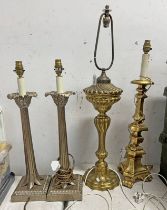 TWO GILT TABLE LAMPS AND A PAIR OF SILVERED TABLE LAMPS -4-