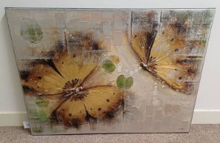 UNFRAMED TEXTURED PICTURE OF BUTTERFLIES SIGNED JAMES,