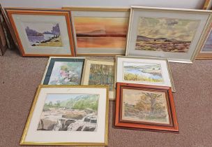 GOOD SELECTION OF WATER COLOURS TO INCLUDE, J.