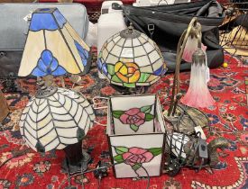SELECTION OF COLOURED LEADED GLASS TABLE LAMPS
