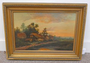 F E JAMESON COUNTRY SCENE WITH COTTAGES NEAR HASLEMERE SIGNED GILT FRAMED OIL PAINTING 38 X 58 CM