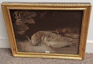 GILT FRAMED 19TH CENTURY TAPESTRY PICTURE OF WOODCOCK - 43 CM X 53 CM