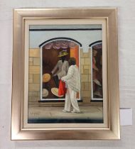 DAVID H LESLIE - (ARR), WINDOW SHOPPING, SIGNED, LABEL TO REVERSE, FRAMED OIL PAINTING,