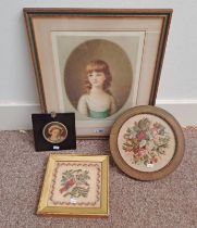 2 FRAMED 19TH CENTURY SEWN WORK PICTURES, FRAMED ENGRAVING OF A YOUNG LADY ETC.