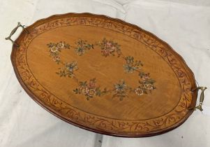 19TH CENTURY OVAL MAHOGANY SERVING TRAY WITH FLORAL PAINTED DECORATION AND GILT HANDLES,