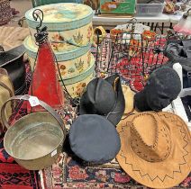 3 HAT BOXES, TABLE LAMP, METAL NEWSPAPER RACK, HATS,