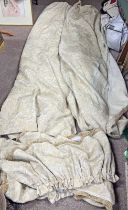 PAIR OF CREAM LEAF DECORATED CURTAINS, DROP : APPROX - 260 CM X WIDTH : 310 X CM WITH PELMET ETC.