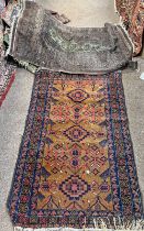 GREEN MIDDLE EASTERN CARPET, 145 X 92 CM AND A BLUE AND RED MIDDLE EASTERN CARPET,